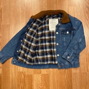 H&M kids, plaid lined denim Jacket with teddy “fur” collar